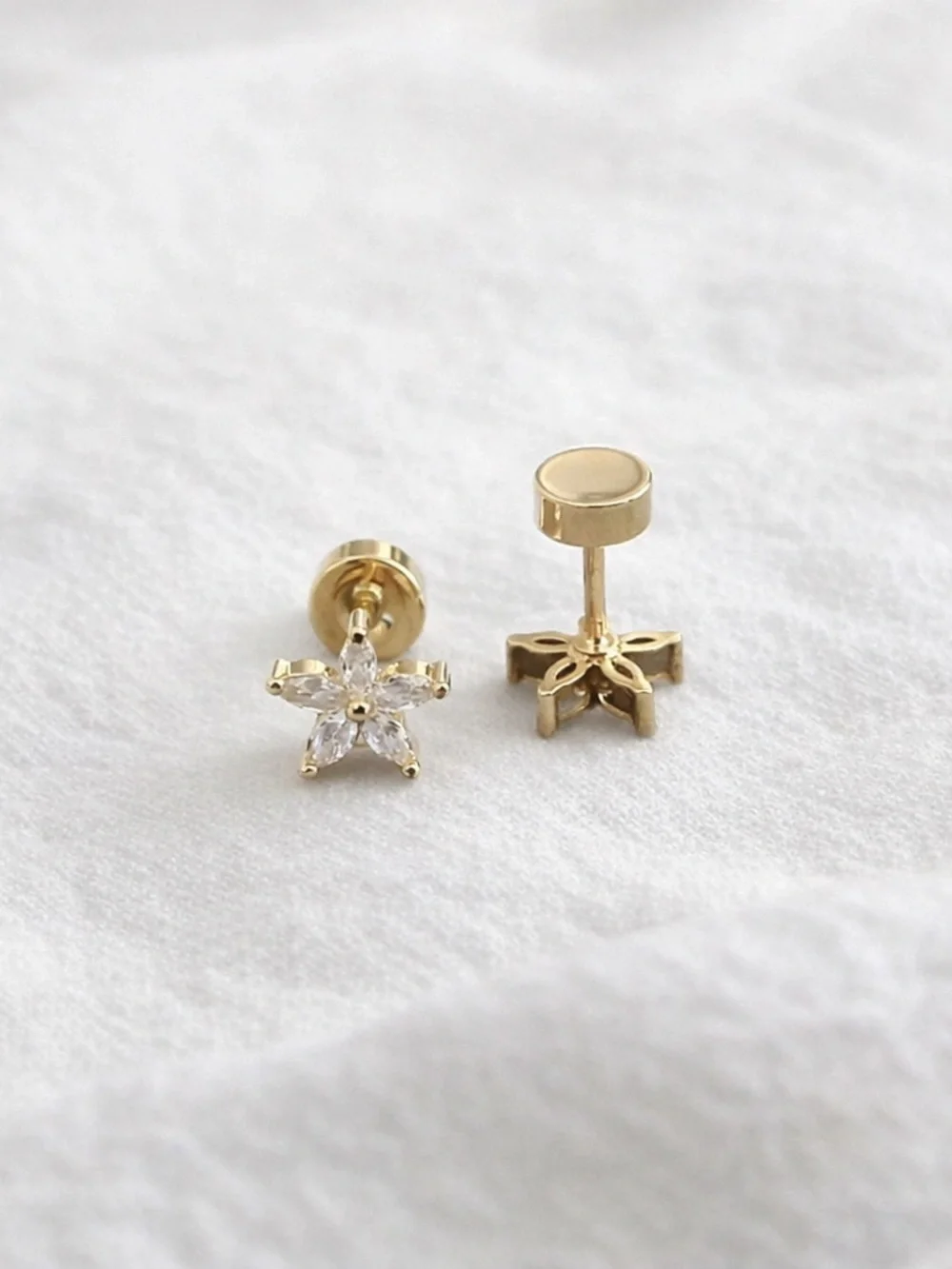 14k Gold plated stainless steel cubic zirconia flower screw back earrings - Picture 3 of 4